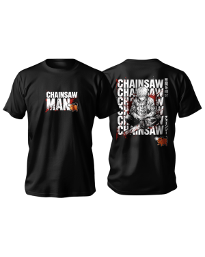 Camiseta preta Chainsaw Man com estampa de Denji e a serra