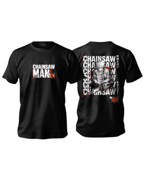 Camiseta preta Chainsaw Man com estampa de Denji e a serra